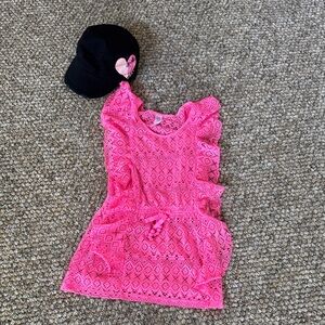 Girls Hot Pink Eyelet Cover-Up Dress with Roxy Black Hat